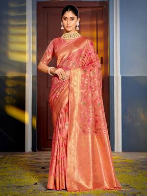 Peach Banarasi silk blend Woven Work Traditional Tassels Saree 1
