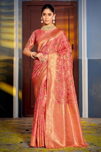 Peach Banarasi silk blend Woven Work Traditional Tassels Saree