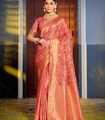 Peach Banarasi silk blend Woven Work Traditional Tassels Saree