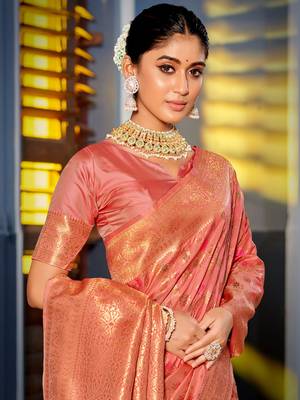 Peach Banarasi silk blend Woven Work Traditional Tassels Saree 2