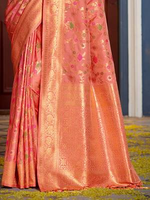 Peach Banarasi silk blend Woven Work Traditional Tassels Saree 3