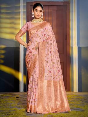 Pink Banarasi silk blend Woven Work Traditional Tassels Saree 1