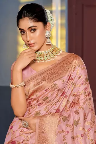 Pink Banarasi silk blend Woven Work Traditional Tassels Saree