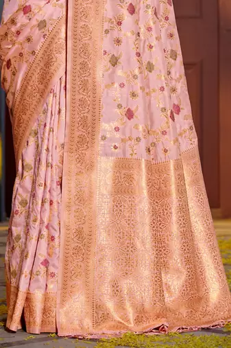 Pink Banarasi silk blend Woven Work Traditional Tassels Saree