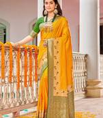 Yellow Banarasi silk blend Woven Work Traditional Tassels Saree