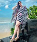 Black And White Embellished Floral Frill Kaftan Tunic