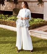 Grey Floral Top And White Pleated Palazzo Set