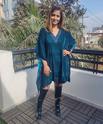 Teal Blue Crystal Embellished Houndstooth Silk Velvet Tunic 1
