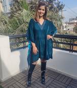 Teal Blue Crystal Embellished Houndstooth Silk Velvet Tunic