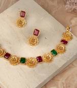 Gold Plated-Plated Necklace Set with Red and Green Stones