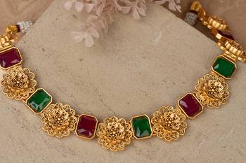 Gold Plated-Plated Necklace Set with Red and Green Stones 2