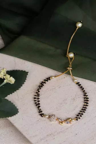 Black and Gold CZ Encrusted Hand Mangalsutra Bracelet