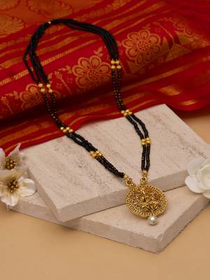 Ethnic Gold Tone Black Patterned Mangalsutra with Goddess Motif 1