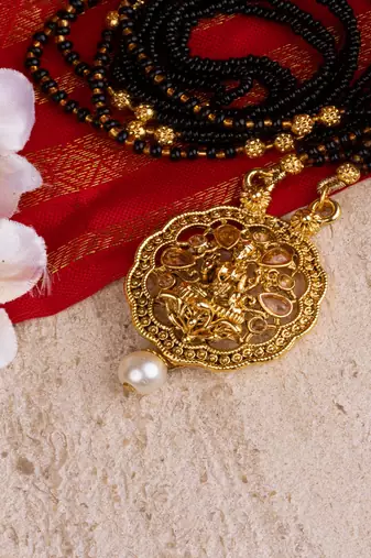 Ethnic Gold Tone Black Patterned Mangalsutra with Goddess Motif