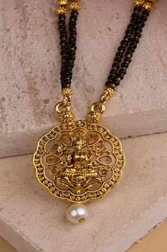Ethnic Gold Tone Black Patterned Mangalsutra with Goddess Motif