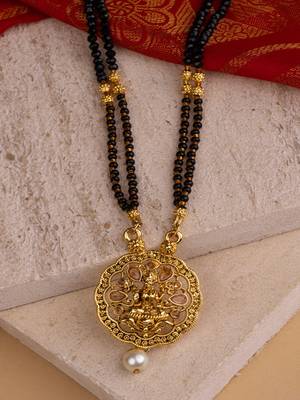 Ethnic Gold Tone Black Patterned Mangalsutra with Goddess Motif 4