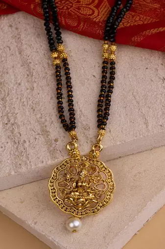 Ethnic Gold Tone Black Patterned Mangalsutra with Goddess Motif