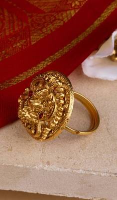 Statement Gold Temple Ring with Laxmi Motif 1