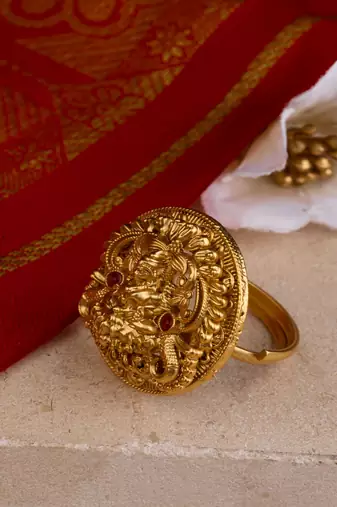 Statement Gold Temple Ring with Laxmi Motif