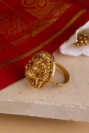 Statement Gold Temple Ring with Laxmi Motif