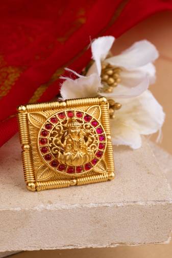 Statement Gold Plated Temple Ring with Laxmi Motif