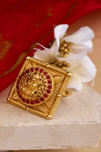 Statement Gold Plated Temple Ring with Laxmi Motif
