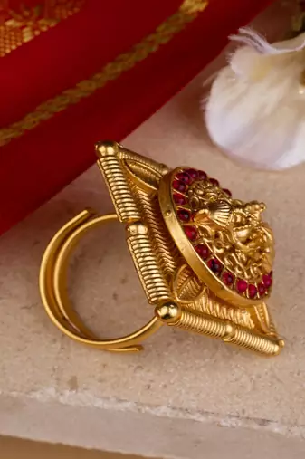 Statement Gold Plated Temple Ring with Laxmi Motif