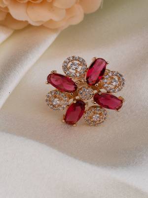 Pink Stone Floral Cocktail American Diamond Ring 2