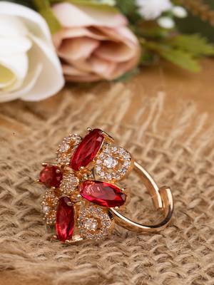 Pink Stone Floral Cocktail American Diamond Ring 3