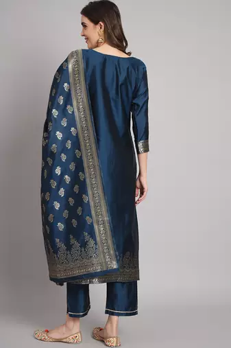  women kurta and trousers pant set heavy zari wok silk blend