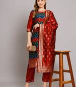  women kurta and trousers pant set heavy zari wok silk blend