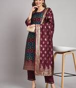  women kurta and trousers pant set heavy zari wok silk blend