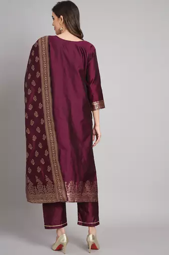  women kurta and trousers pant set heavy zari wok silk blend