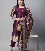   women kurta and trousers pant set heavy zari wok silk blend