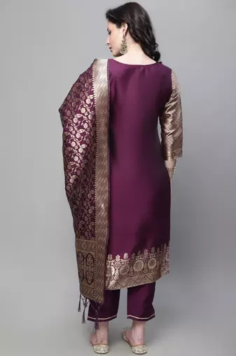   women kurta and trousers pant set heavy zari wok silk blend