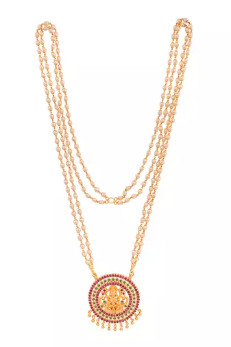Pearl necklace with Laxmi pendant LONG one gram gold