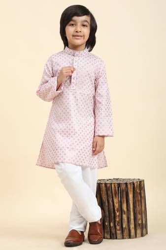 Pink Printed Cotton Printed Kurta Pajama Set for Boys Ethnic Wear