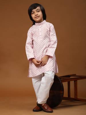 Pink Printed Cotton Printed Kurta Pajama Set for Boys Ethnic Wear 2
