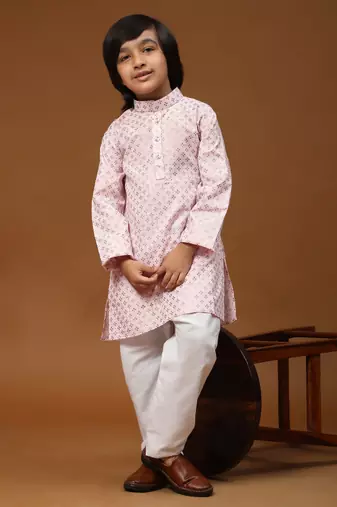 Pink Printed Cotton Printed Kurta Pajama Set for Boys Ethnic Wear