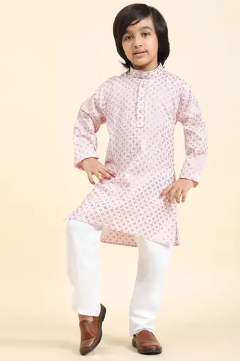 Pink Printed Cotton Printed Kurta Pajama Set for Boys Ethnic Wear