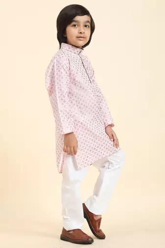 Pink Printed Cotton Printed Kurta Pajama Set for Boys Ethnic Wear