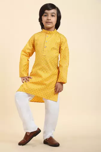 Yellow Printed Cotton Printed Kurta Pajama Set for Boys Ethnic Wear