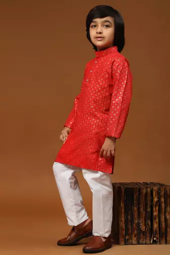Maroon Printed Cotton Printed Kurta Pajama Set for Boys Ethnic Wear