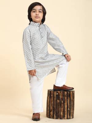 Grey Printed Cotton Printed Kurta Pajama Set for Boys Ethnic Wear 1