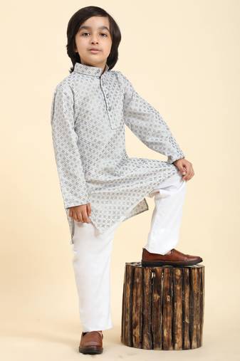 Grey Printed Cotton Printed Kurta Pajama Set for Boys Ethnic Wear