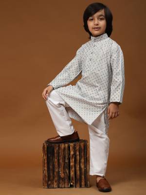 Grey Printed Cotton Printed Kurta Pajama Set for Boys Ethnic Wear 2