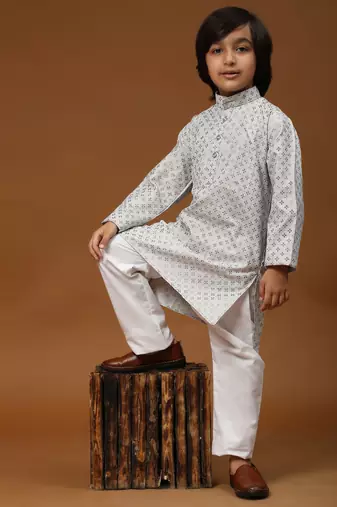Grey Printed Cotton Printed Kurta Pajama Set for Boys Ethnic Wear