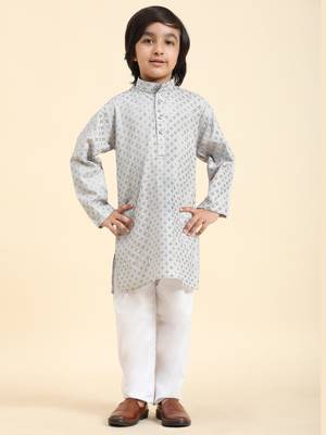 Grey Printed Cotton Printed Kurta Pajama Set for Boys Ethnic Wear 4