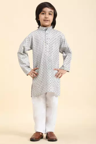 Grey Printed Cotton Printed Kurta Pajama Set for Boys Ethnic Wear