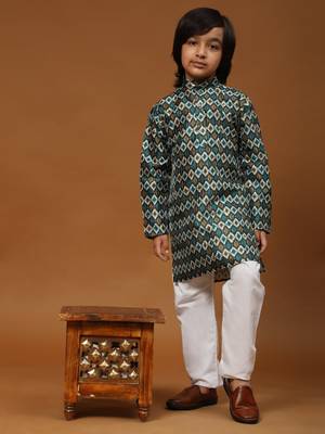 Firozi Jacquard Silk Kurta Pajama Set for Boys Ethnic Wear 1